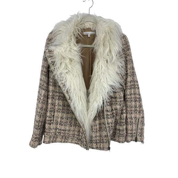 Lovers + Friends Jacket Women's Size XS Tweed Fur Trimmed Asymmetrical Zip Tan - Picture 4 of 6